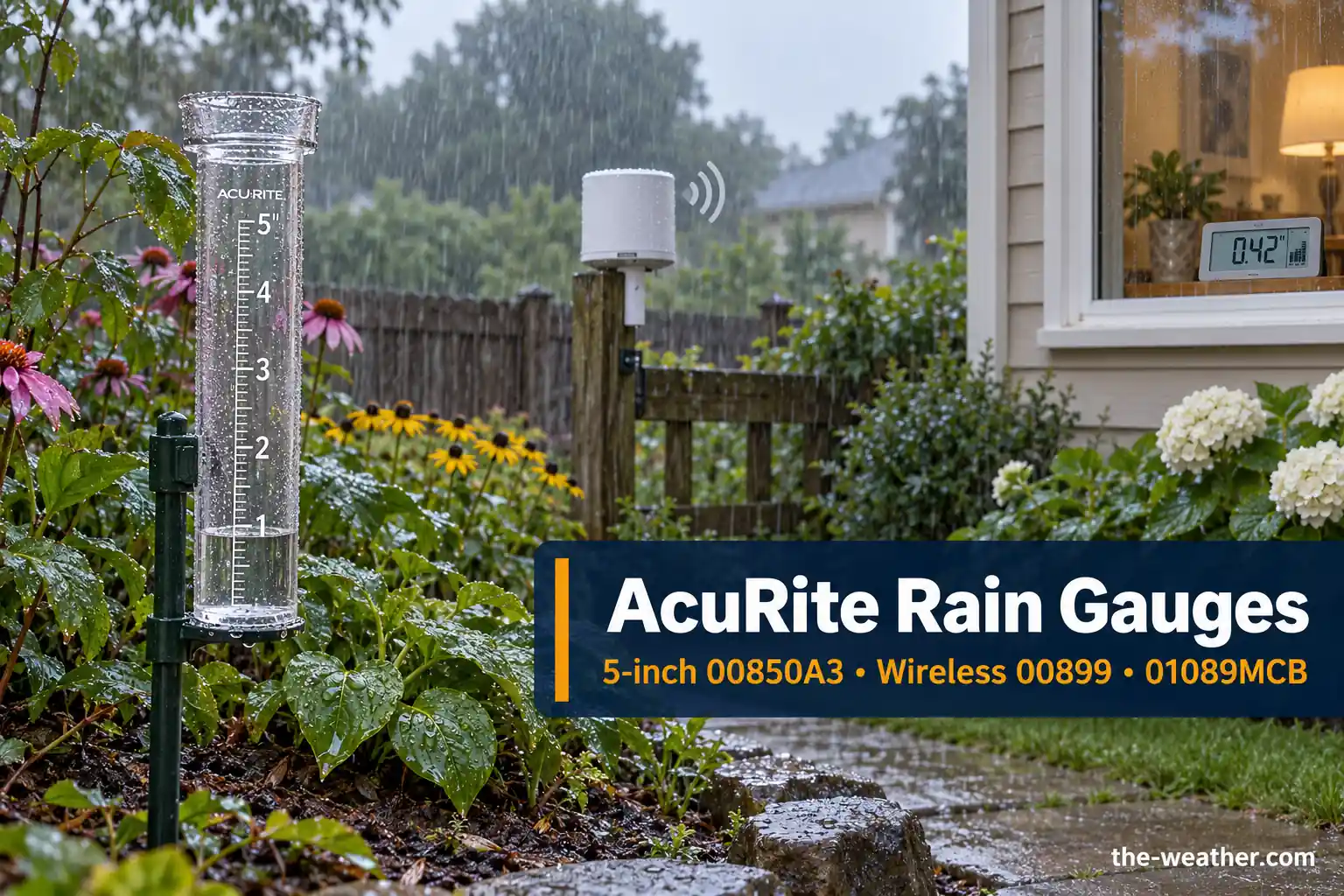 Illustration: a clear tube rain gauge on a stake by a flower bed, a self-emptying rain collector on a fence post and a rain display in a house window, in the rain