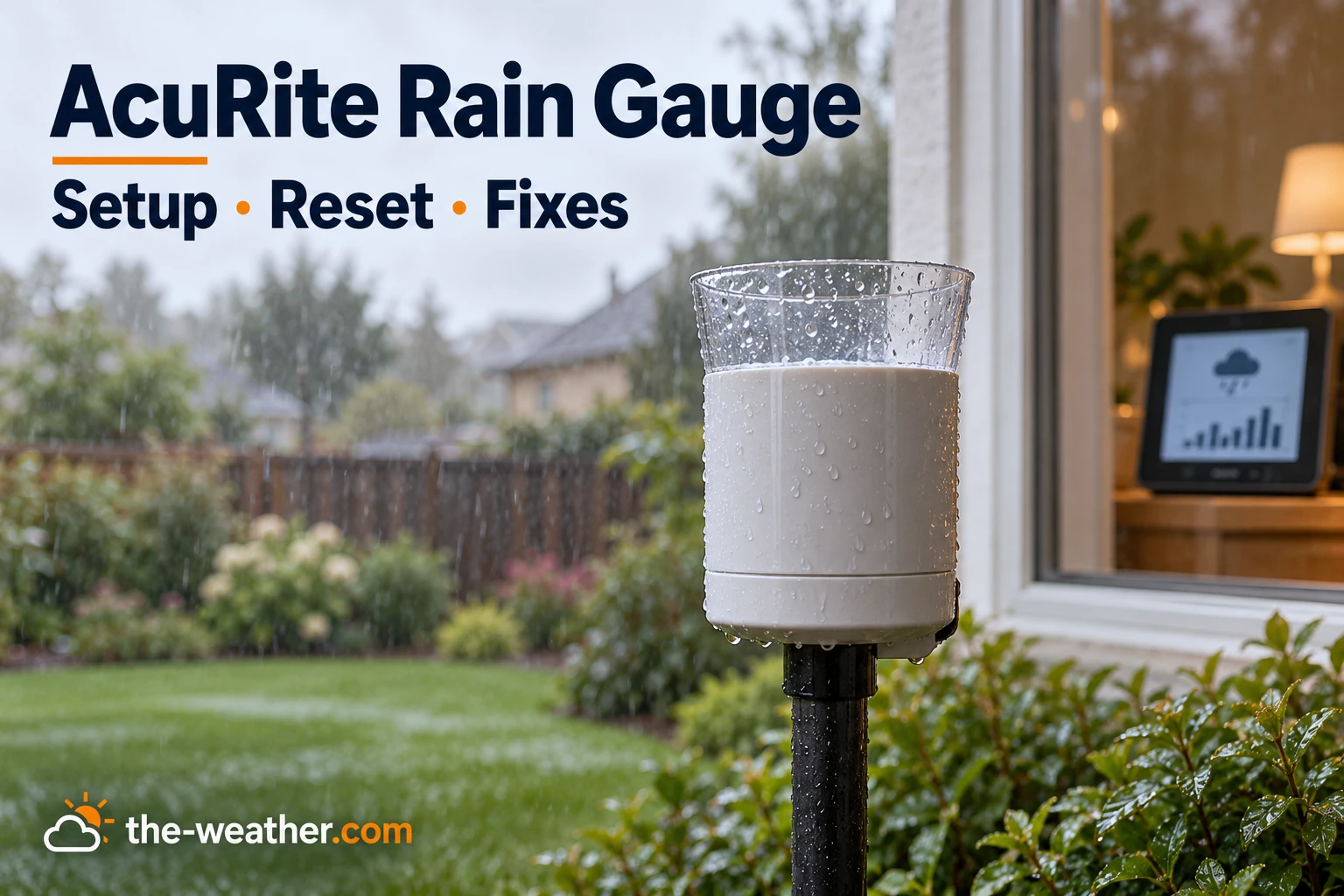 A white wireless rain gauge on a post in a rainy garden, with an indoor display showing a rain icon behind the window
