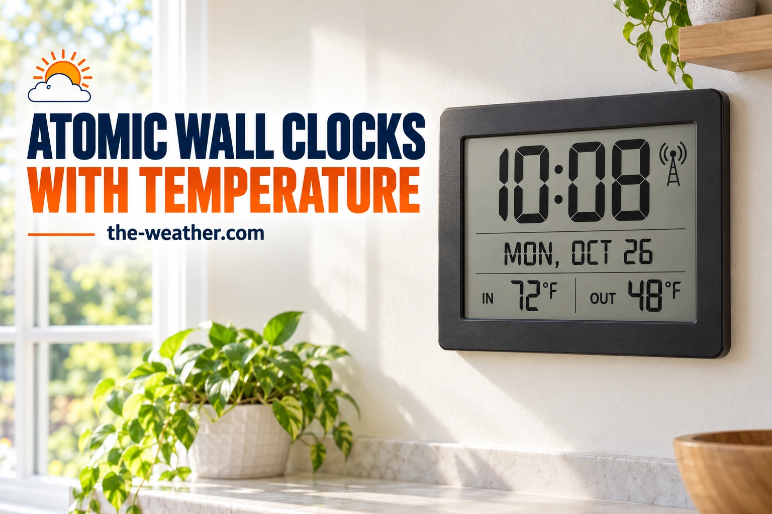 A large digital atomic wall clock showing time, date and indoor and outdoor temperature on a kitchen wall.