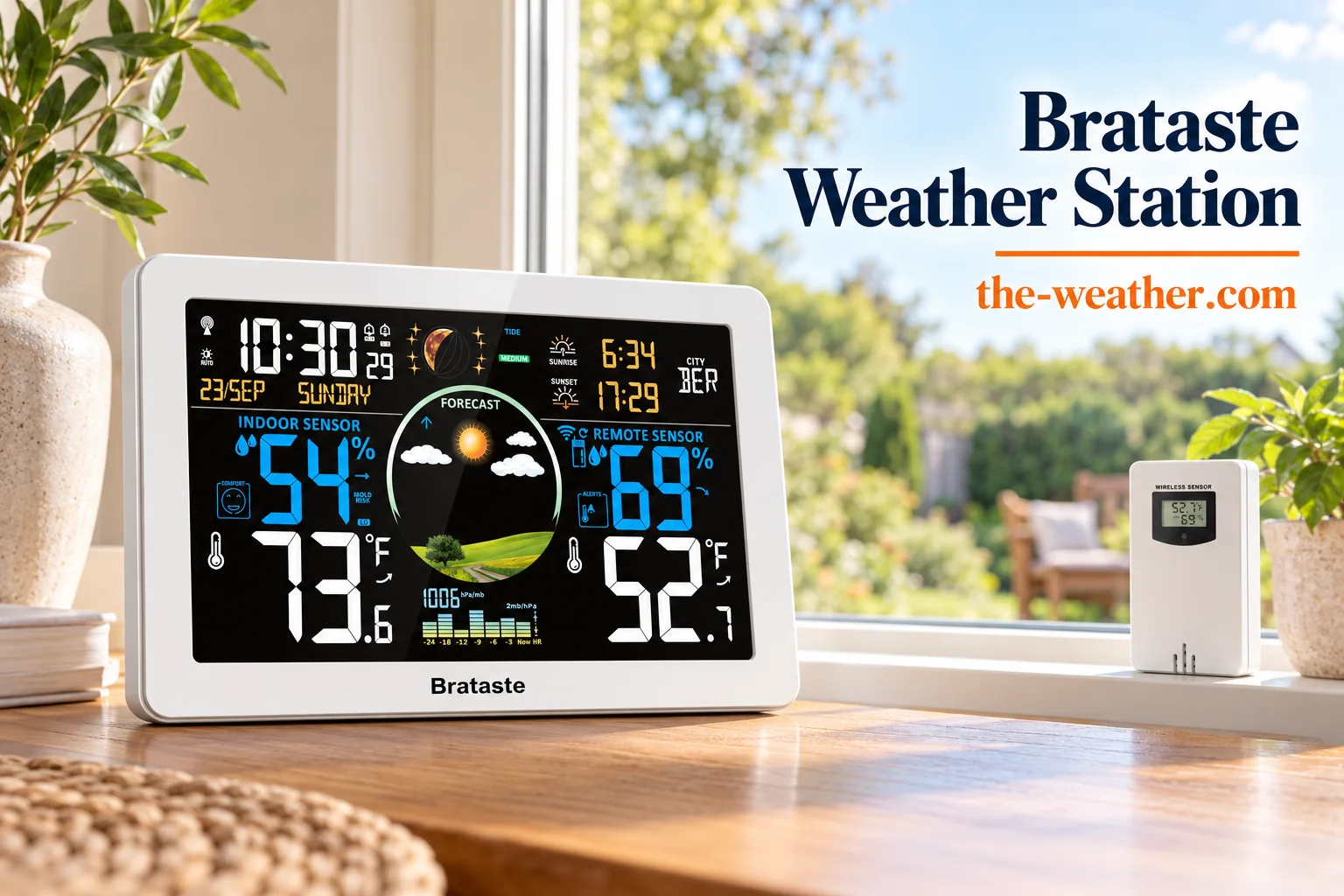 Illustration: white Brataste weather station on a table by a window, with its outdoor sensor on the windowsill