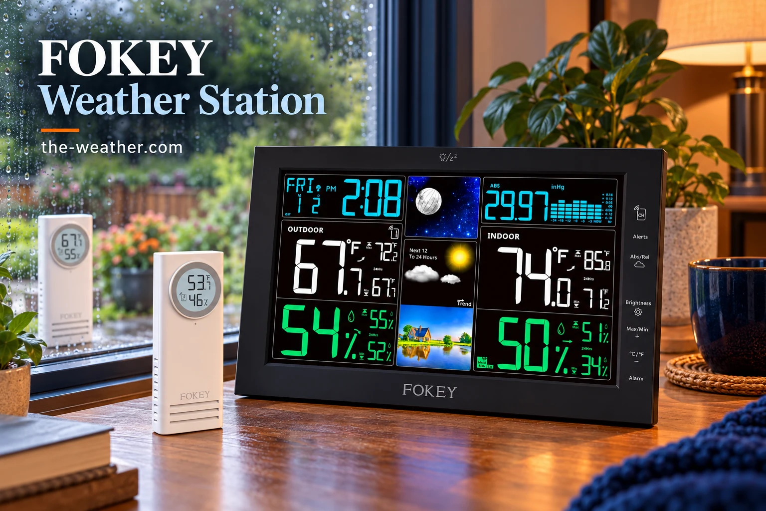 Illustration: Fokey weather station with a color display and two remote sensors on a table, ready to be set up