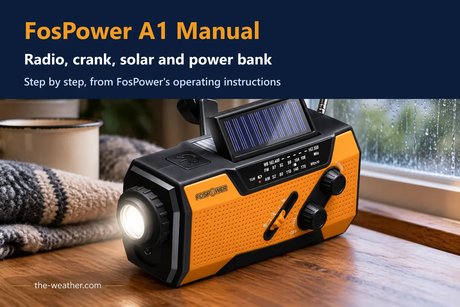 Illustration: orange FosPower A1 emergency radio on a table, with the title FosPower A1 Manual: radio, crank, solar and power bank