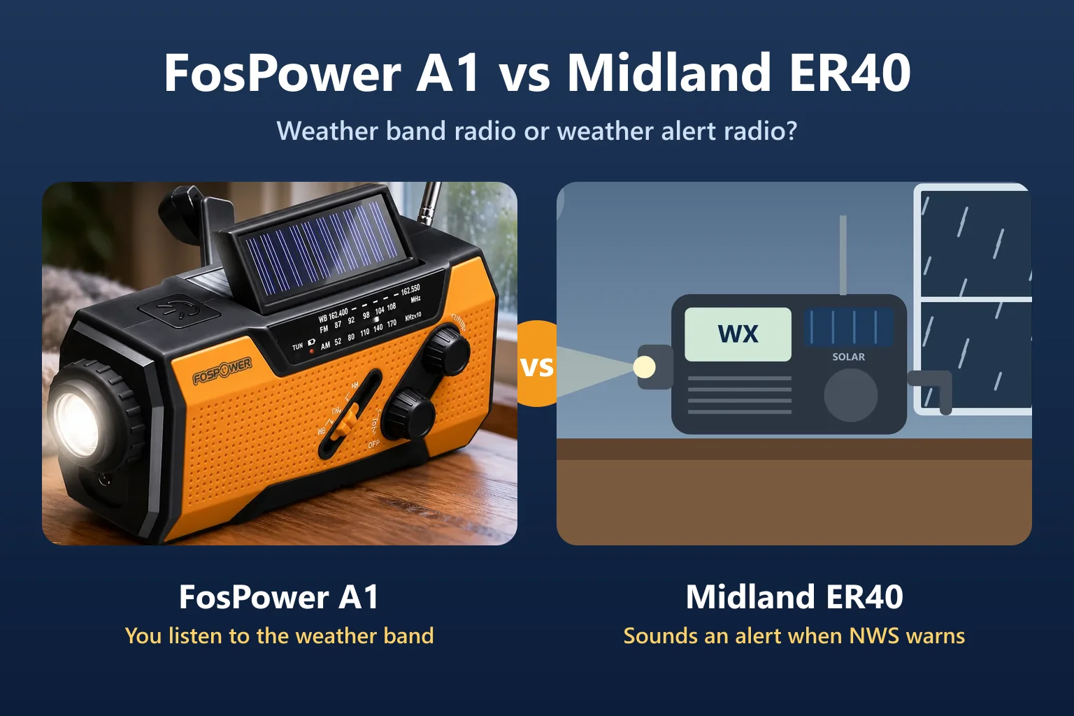 Illustrations: FosPower A1 orange crank radio next to the Midland ER40 weather alert radio, with the key difference: listening to the weather band vs sounding an alert