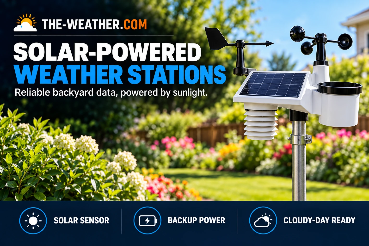 A backyard weather station on a pole in bright sunshine with its small solar panel facing the sun.