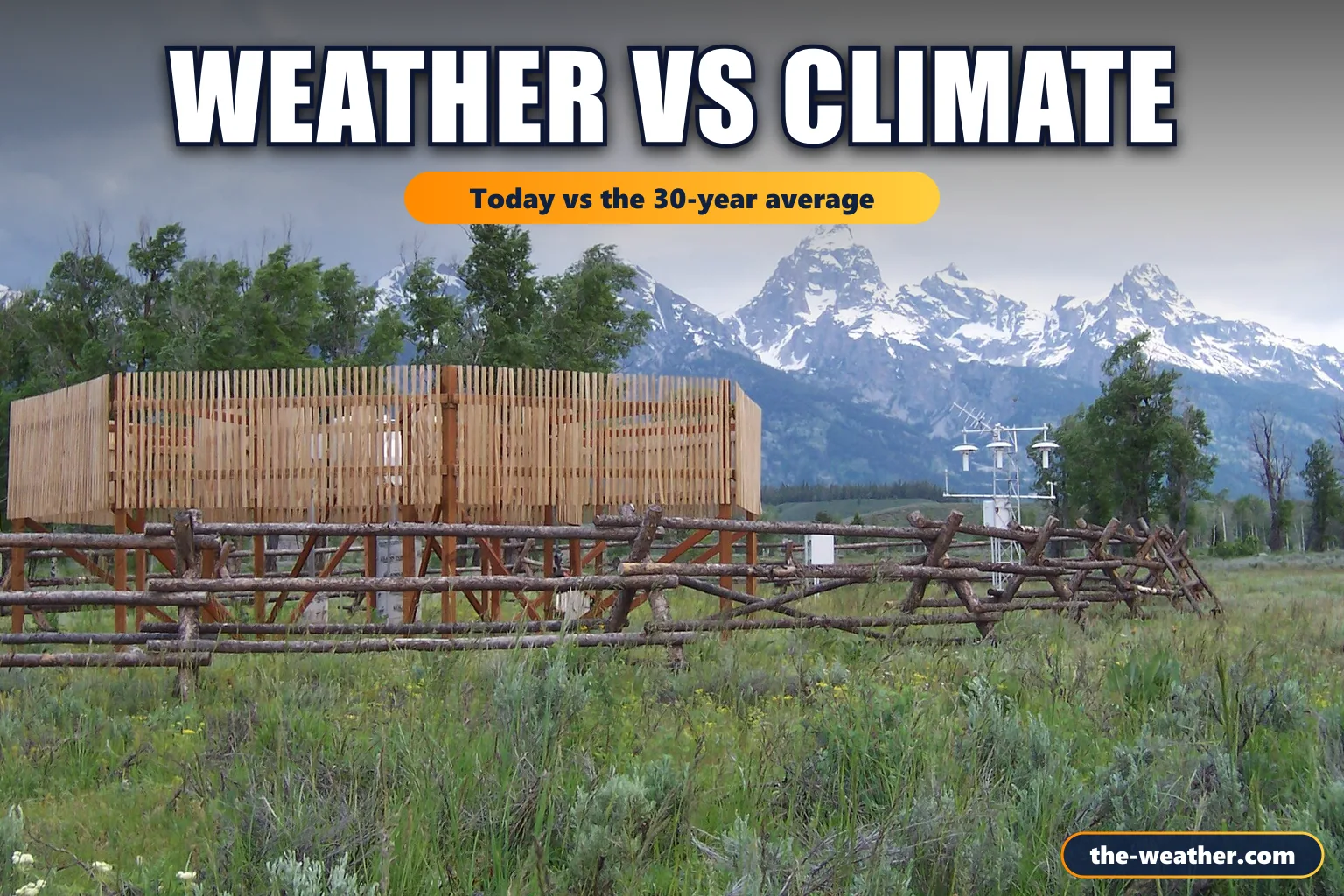 NOAA U.S. Climate Reference Network weather station with a wooden wind fence in front of snowy mountain peaks