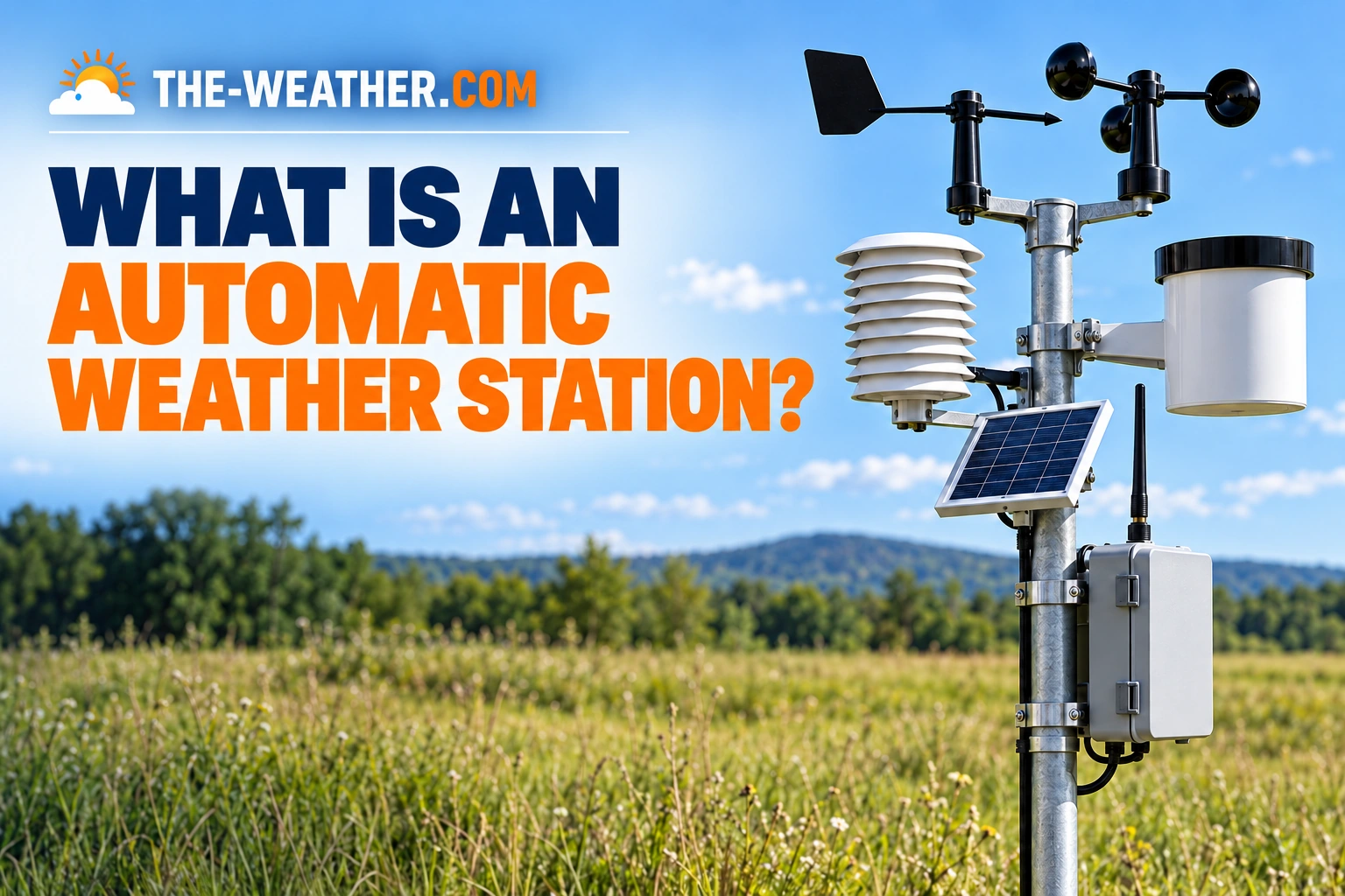 An automatic weather station with sensors on a mast and a solar panel in an open field.