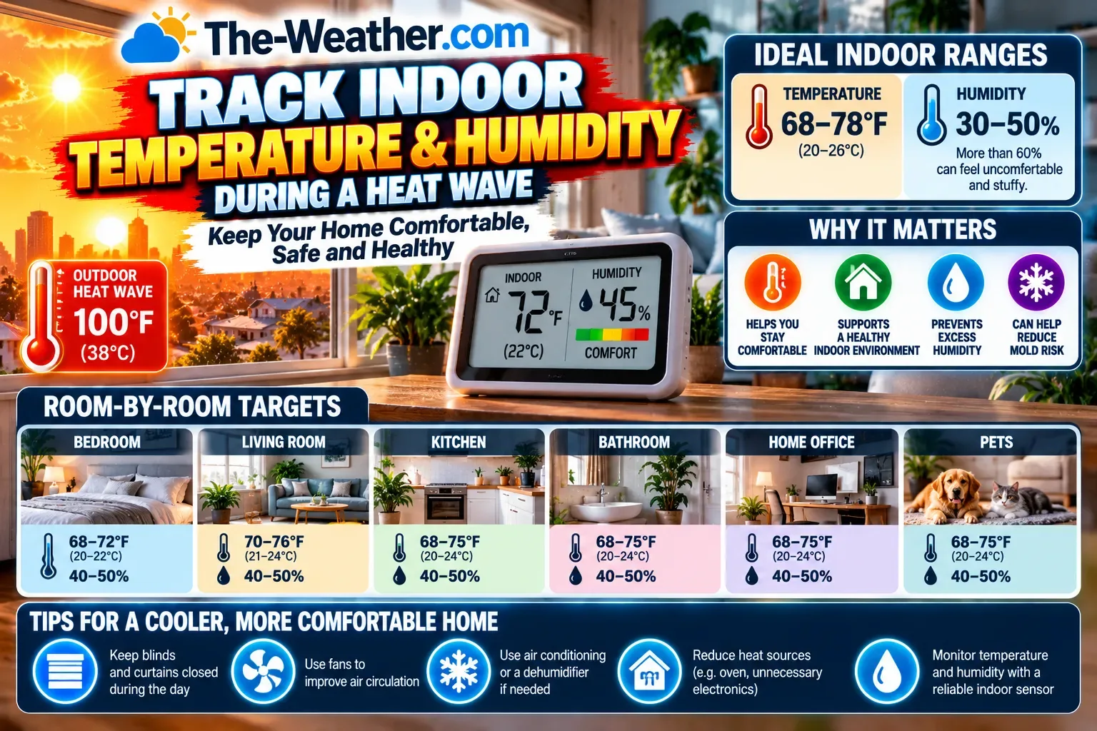 Infographic: track indoor temperature and humidity during a heat wave, with room-by-room targets and cooling tips